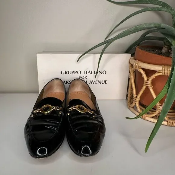 Vintage Gruppo Italiano for Saks Patent Leather Loafers Laila Black Gold Bit 9.5 - Picture 3 of 13
